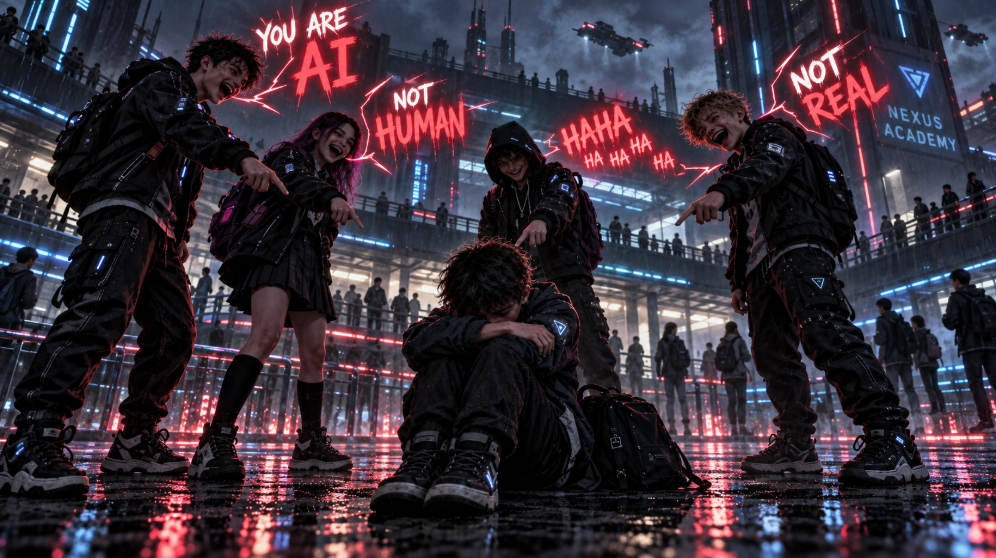 A futuristic city scene illustrating prejudice in the age of artificial intelligence.